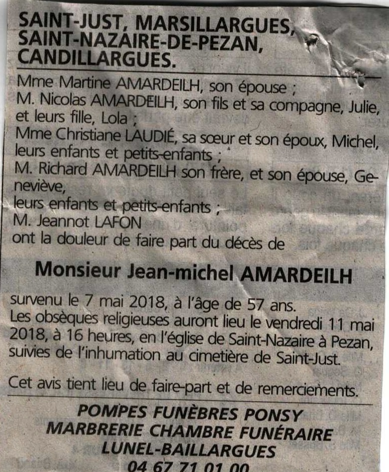 Avis de décès AMRDEHILH Jean Michel