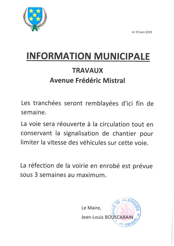 Information travaux avenue frédéric mistral 19 juin 2019